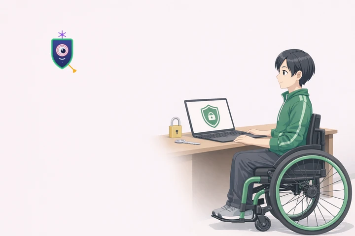 Leo przy biurku patrzy na laptop z dużą zieloną tarczą na ekranie. Na biurku leży kłódka i klucz.