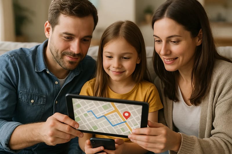 Parent and child looking at a GPS map on a phone.