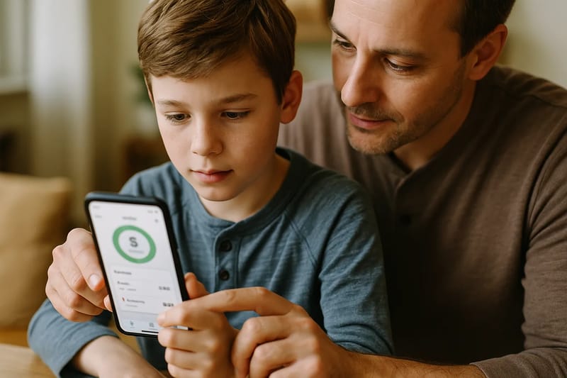 Dziecko korzystające z aplikacji na smartfonie do zarządzania wydatkami, z pomocą rodzica.
