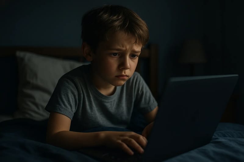 Zaniepokojone dziecko używające laptopa w zaciemnionym pokoju.