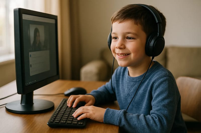 Dziecko siedzące przy komputerze, rozmawiające online.