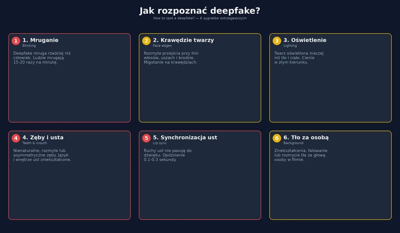 Przewodnik rozpoznawania deepfake — analiza oczu, oświetlenia, krawędzi twarzy i synchronizacji ust