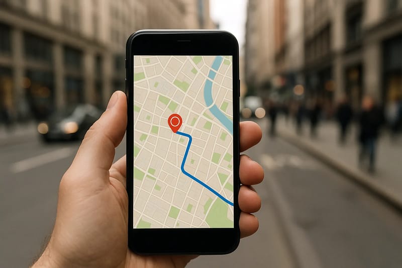 Smartfon pokazujący błędną lokalizację na mapie w zatłoczonym mieście z wysokimi budynkami.