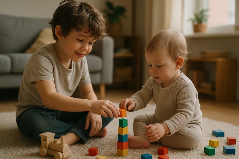 Dwoje dzieci w różnym wieku bawiących się razem w wspólnej przestrzeni