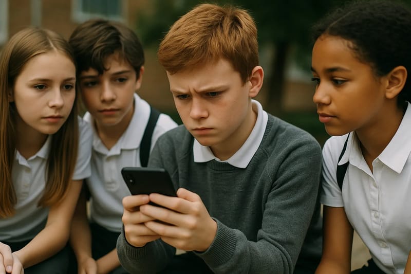 Klasa szkolna, gdzie dzieci omawiają cyberprzemoc z nauczycielem.
