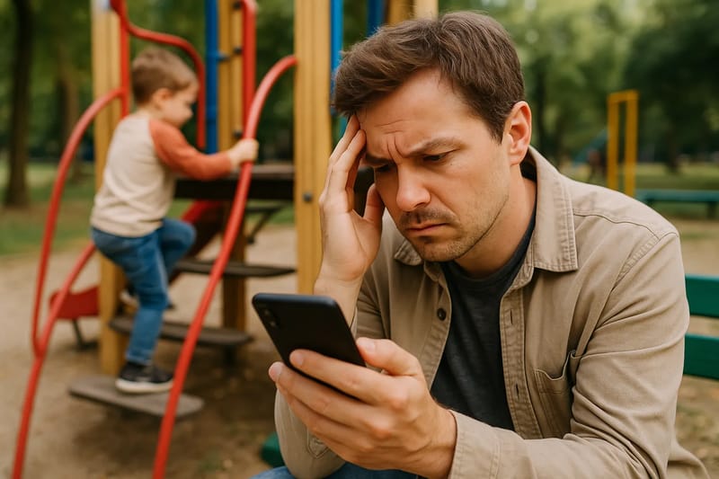 Parent with a concerned look at the phone, child playing in the background in the park.