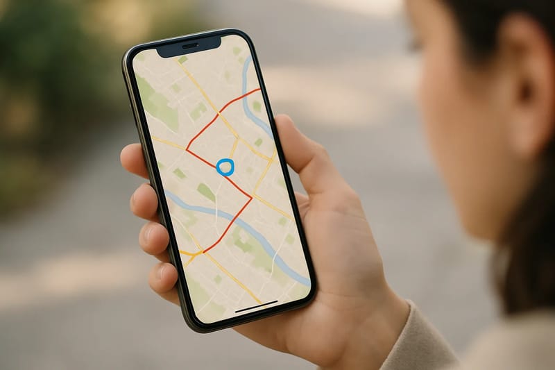 Smartphone z aplikacją lokalizacyjną GPS, spokojne tło.