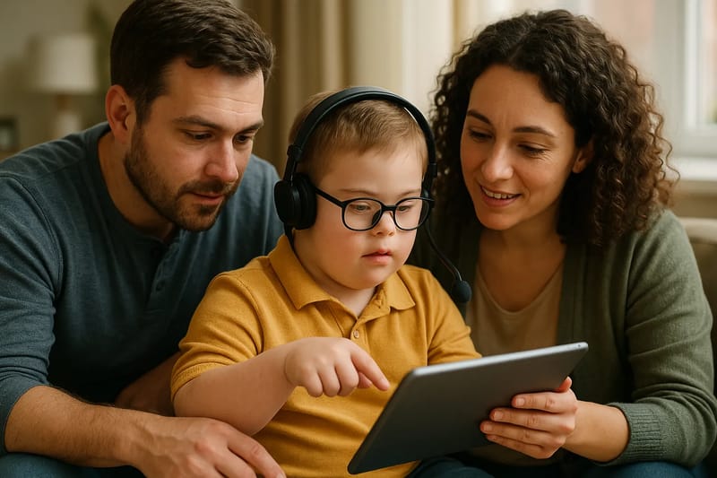 Rodzice z dzieckiem korzystającymi z tabletu w salonie, skupienie na technologii wspomagającej