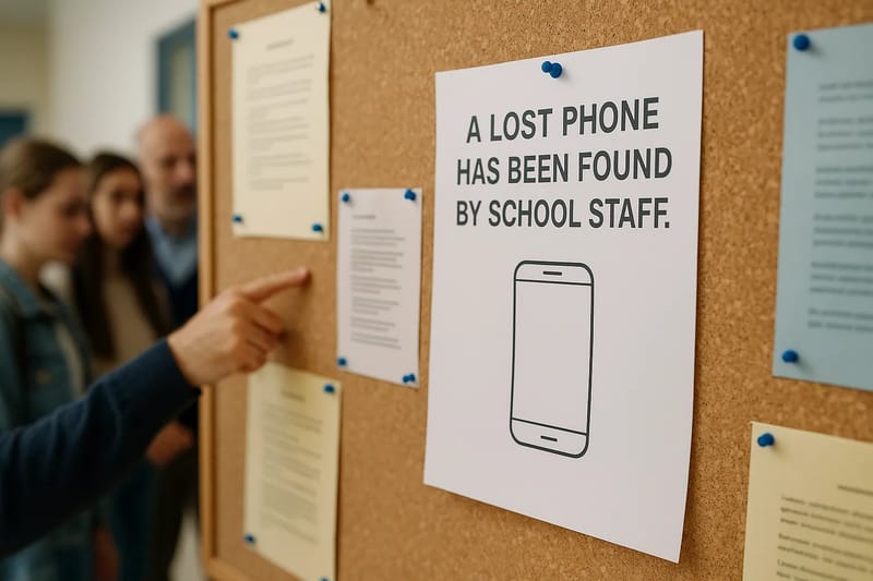 Tablica ogłoszeń w szkole z informacją o znalezionym telefonie.