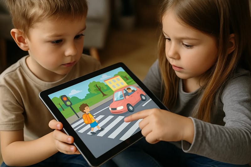 Dzieci grające w cyfrową grę edukacyjną o bezpieczeństwie na drodze na tablecie