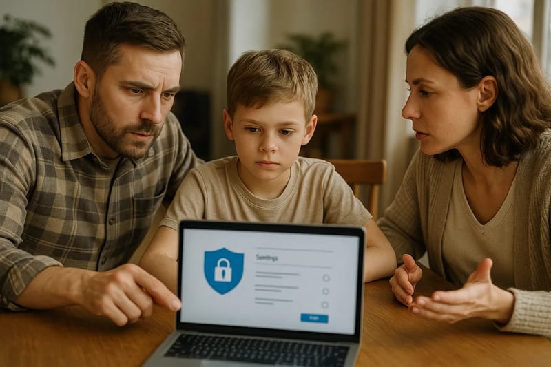 Rodzice omawiają z dzieckiem ustawienia bezpieczeństwa online