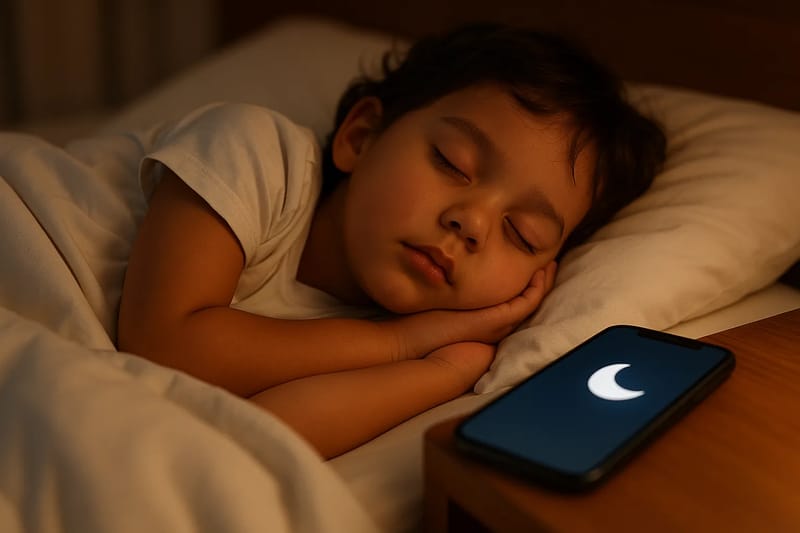 Dziecko śpiące w łóżku obok smartfona z włączonym trybem nocnym.