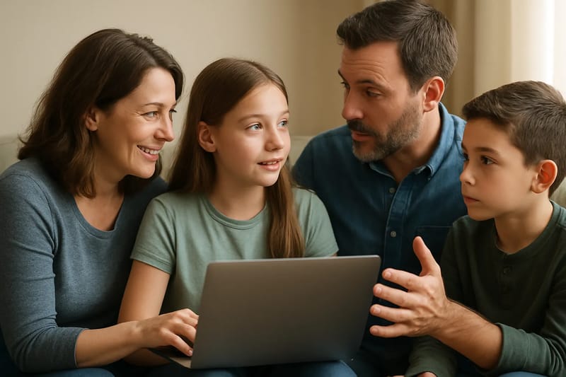 Rodzina siedząca przy laptopie, omawiająca bezpieczeństwo w internecie z dzieckiem.
