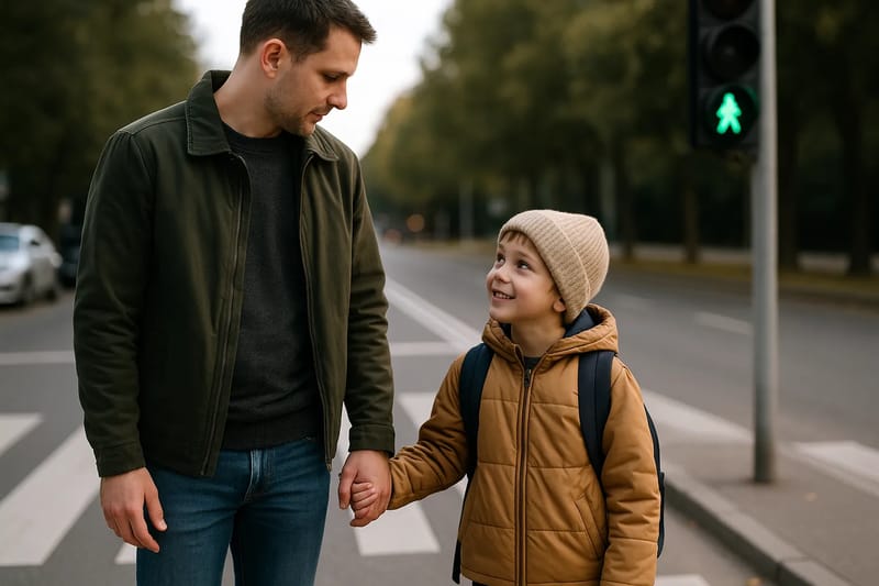 Rodzic z dzieckiem na przejściu dla pieszych czekający na zielone światło.