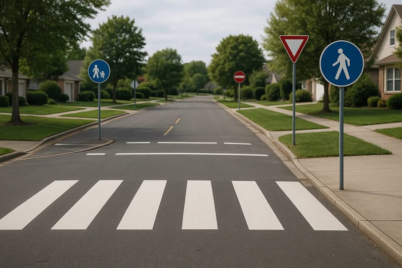 Spokojna ulica z oznaczeniami drogowymi i przejściem dla pieszych.