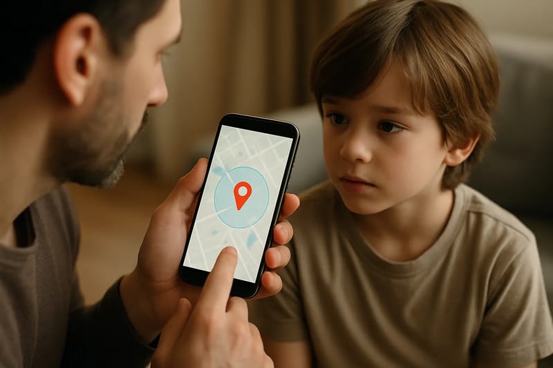 Rodzic pokazujący dziecku aplikację śledzącą lokalizację na smartfonie.