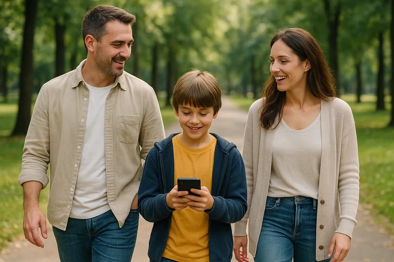 Rodzina spacerująca w parku, dziecko trzyma smartfon.