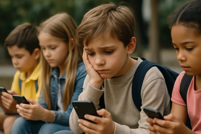 Dzieci z telefonami, jedno wygląda na zaniepokojone