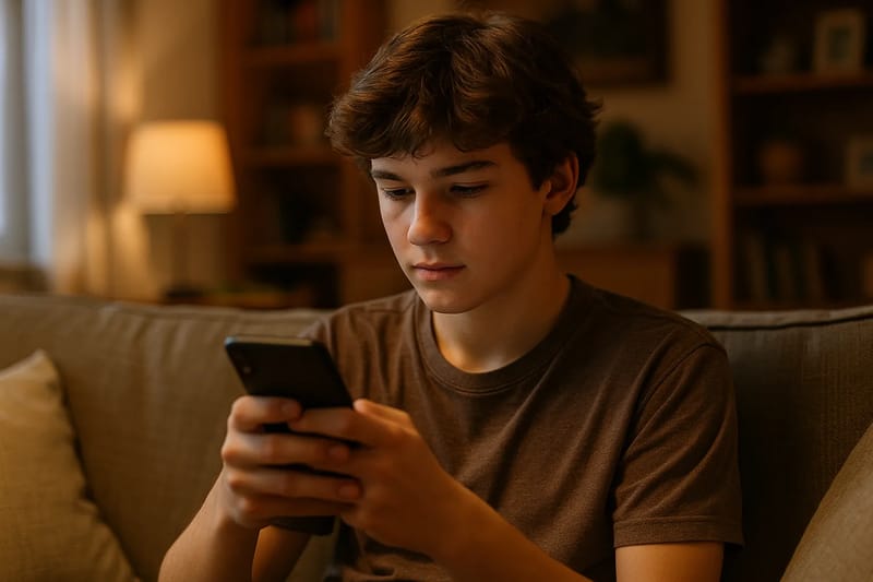 Nastolatek korzystający ze smartfona w przytulnym pokoju