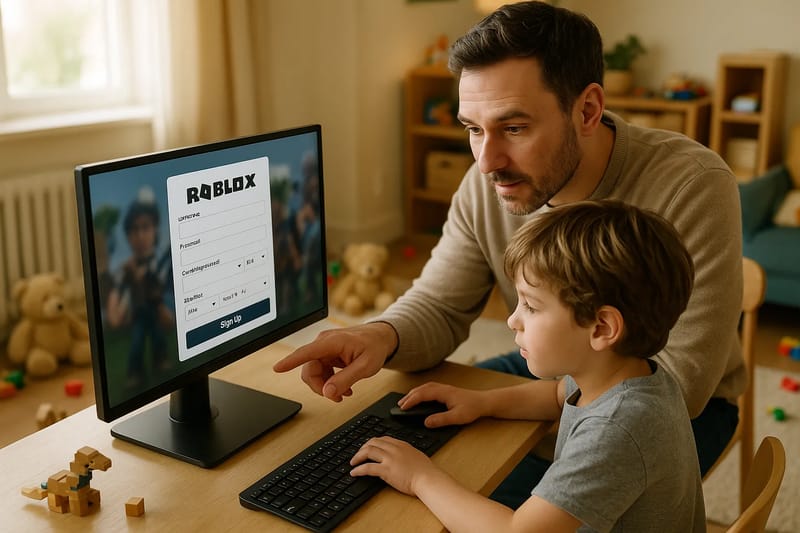 Rodzic pomagający dziecku ustawić konto Roblox na komputerze.