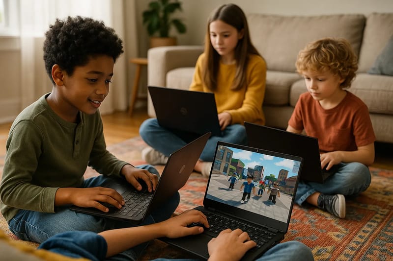 Dzieci grające w Roblox razem w salonie.