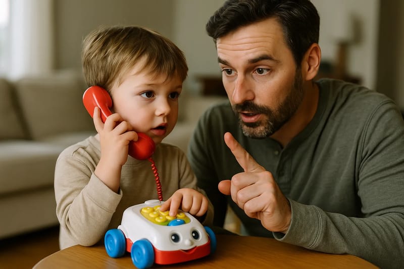 Dziecko korzystające z zabawkowego telefonu, ćwiczące rozmowę awaryjną z rodzicem.