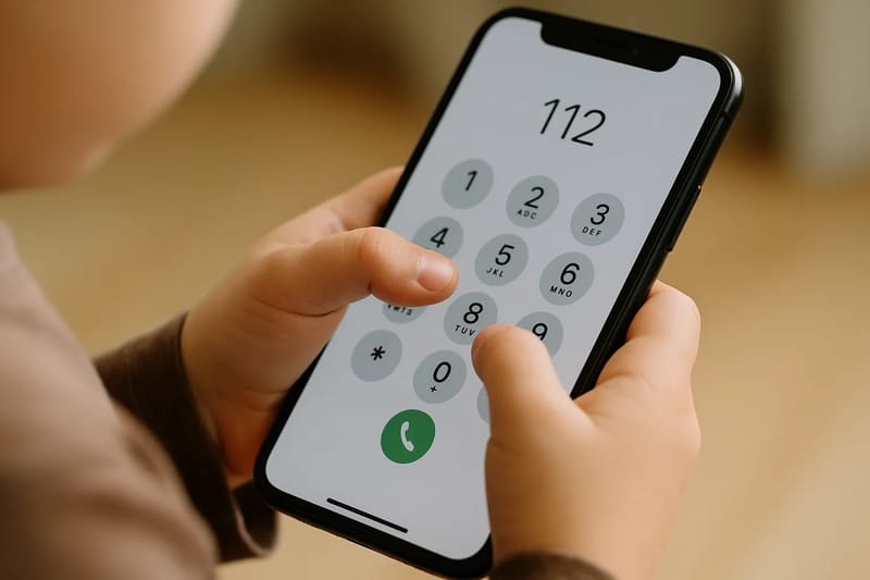 Zbliżenie na dłoń dziecka wybierającą numer 112 na smartfonie.