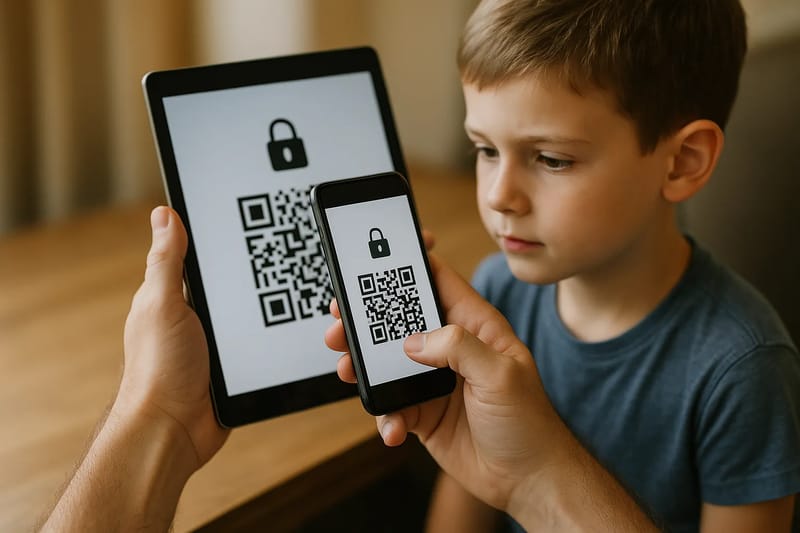 Rodzic skanujący kod QR za pomocą smartfona