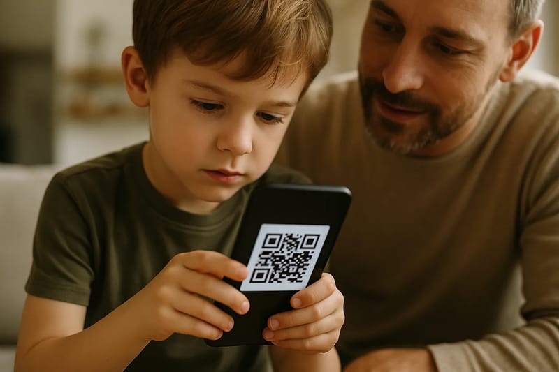 Dziecko używające smartfona pod nadzorem rodzica, z widocznym kodem QR