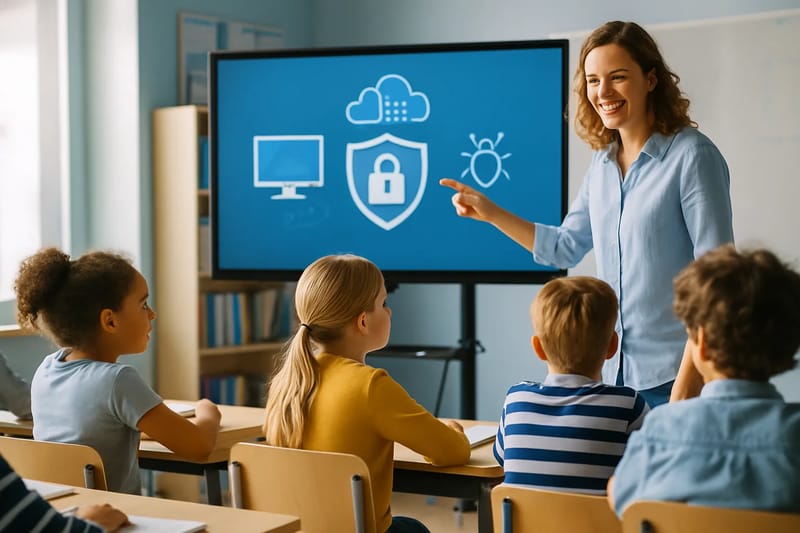 Dzieci w klasie uczące się o cyberbezpieczeństwie
