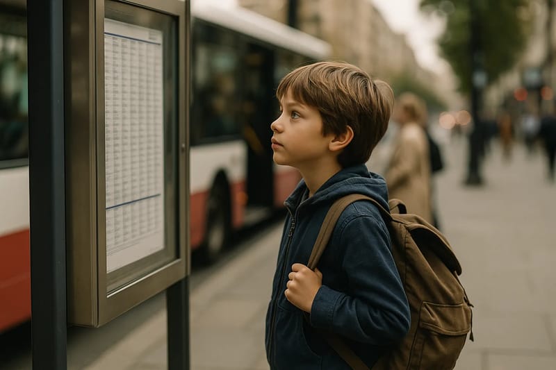 Dziecko na przystanku autobusowym sprawdzające rozkład jazdy.