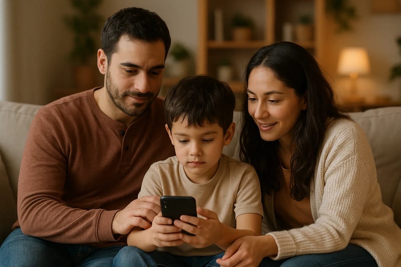 Dziecko używające smartfona pod nadzorem rodzica