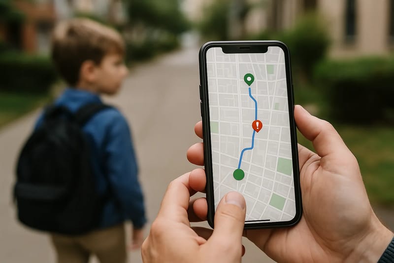 Ekran smartfona z zaplanowaną trasą dla dziecka.