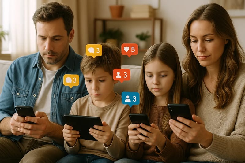 Rodzina siedząca w salonie z urządzeniami mobilnymi z symbolami powiadomień
