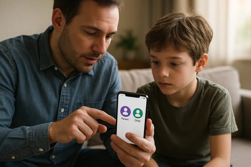 Dziecko trzymające smartfon, rodzic przygotowujący urządzenie do użycia w szkole