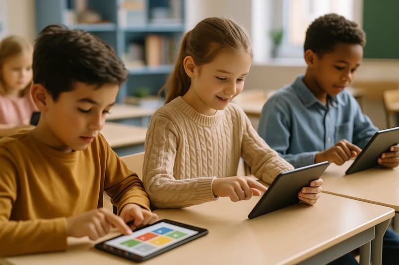 Dzieci uczestniczące w interaktywnym quizie na tabletach
