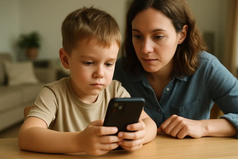 Dziecko korzystające z telefonu pod nadzorem rodzica