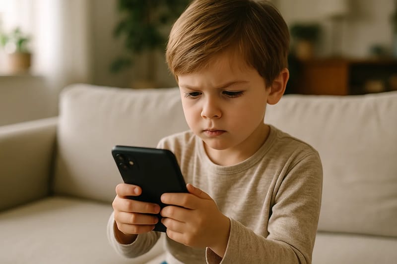 Dziecko korzystające ze smartfona w bezpiecznym domowym otoczeniu