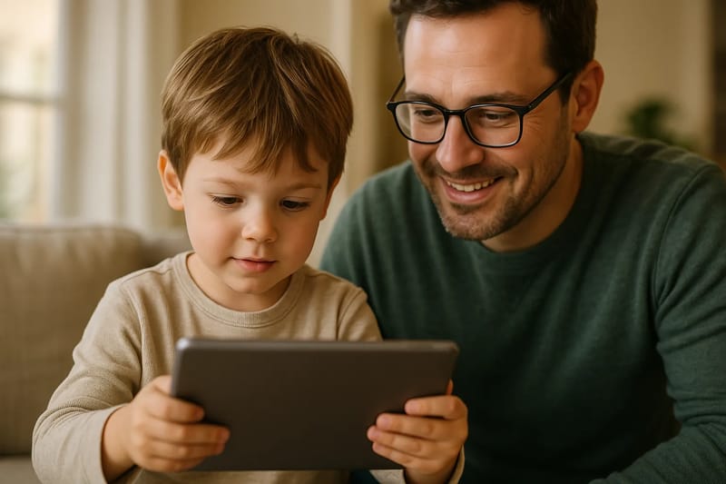 Dziecko korzystające z tabletu pod nadzorem rodzica.