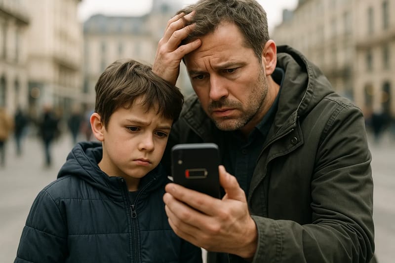Rodzic i dziecko patrzą na telefon z powiadomieniem o niskiej baterii w miejskim otoczeniu.