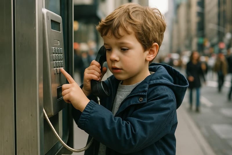 Dziecko korzystające z telefonu publicznego w ruchliwym obszarze miejskim.