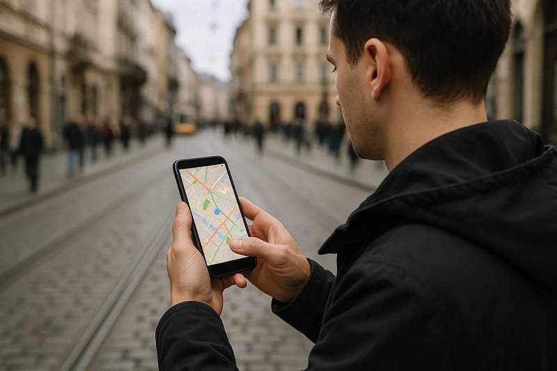 Osoba korzystająca ze smartfona z aplikacją VPN w kawiarni.