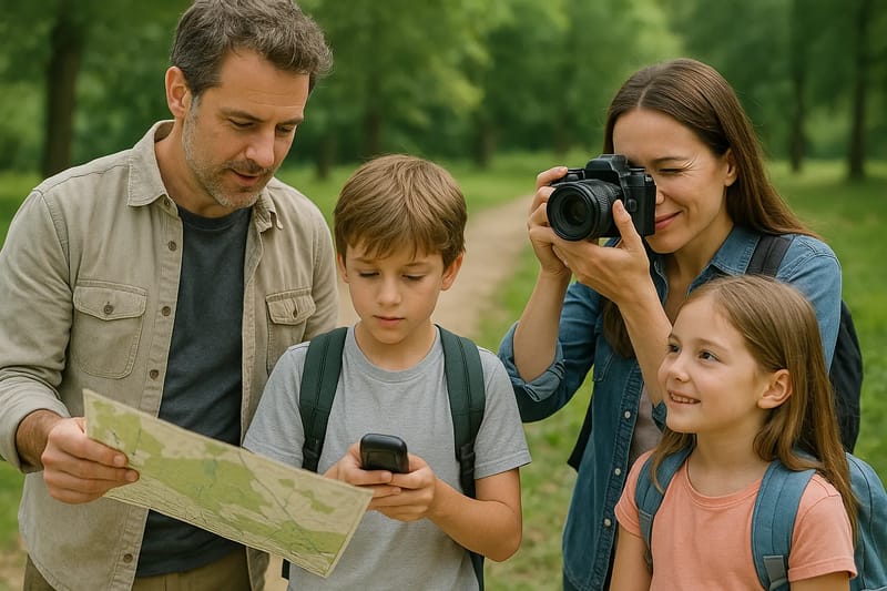 Rodzina z dziećmi eksplorująca park z mapą i urządzeniem GPS.