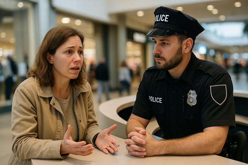 Rodzic rozmawiający z policjantem w centrum handlowym.