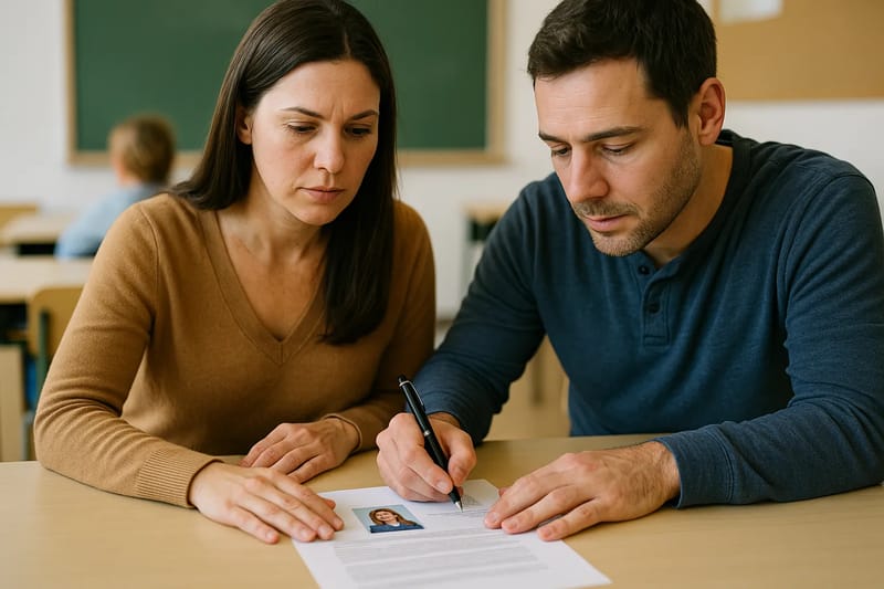 Rodzice czytający formularze zgody w biurze administracji szkolnej