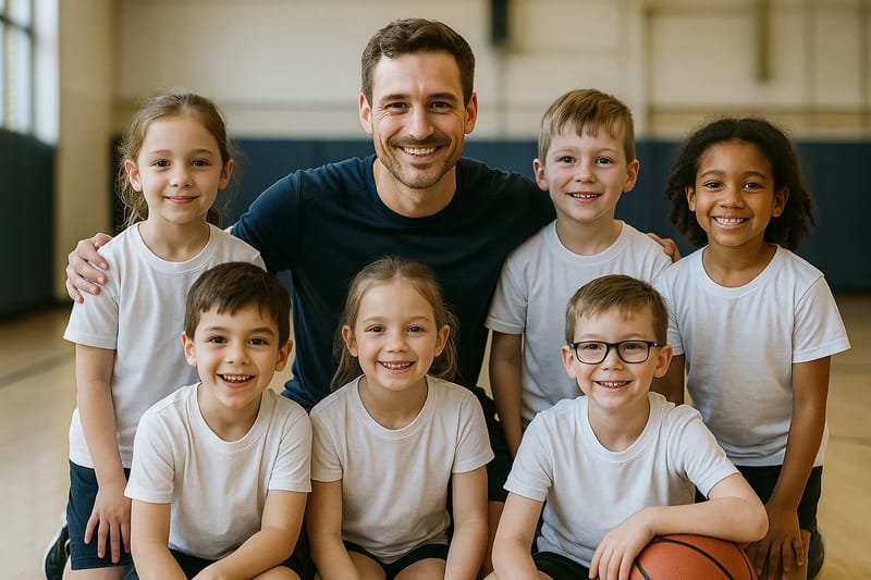 Dzieci bawiące się w klubie sportowym z fotografem w tle
