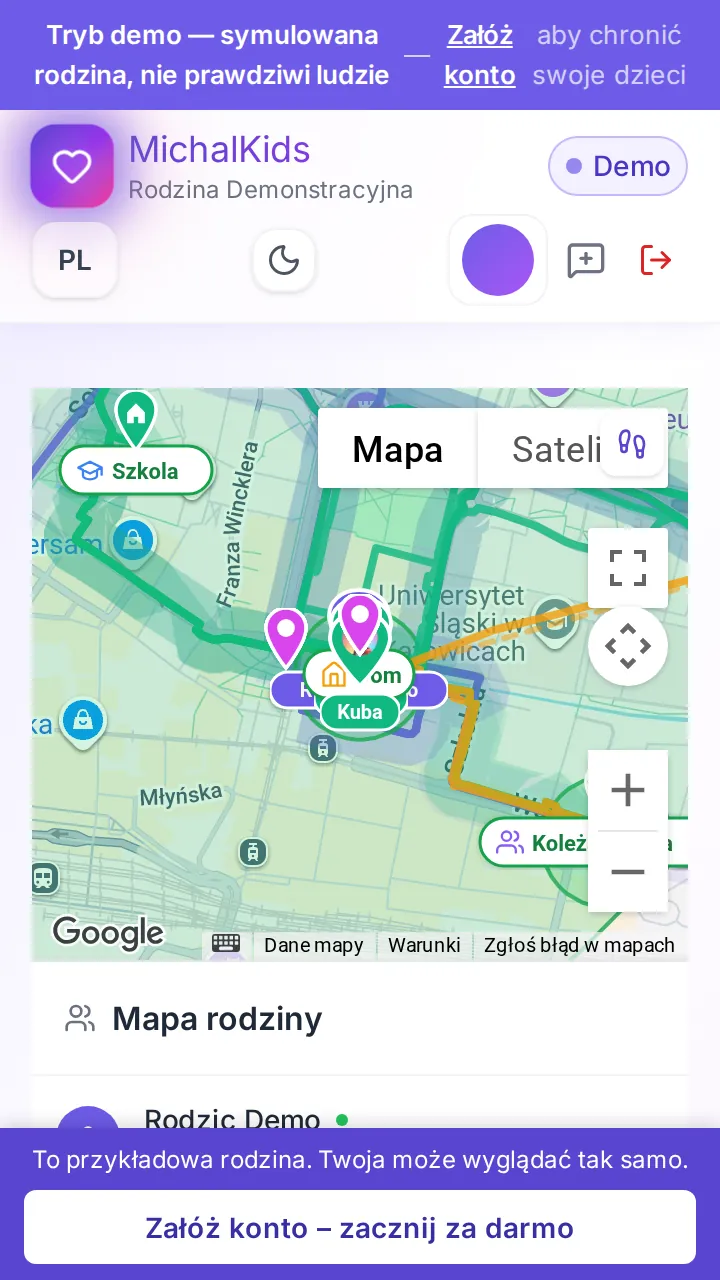 Mapa rodziny demo: nazwane strefy „Dom” i „Szkoła SP”, pinezka dziecka w domu, przebyta trasa