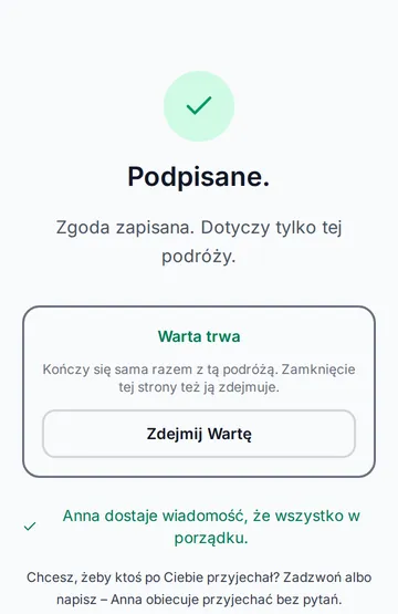 Strona dziecka po zgodzie: „Warta trwa”, przycisk „Zdejmij Wartę” i potwierdzenie „Jestem OK”