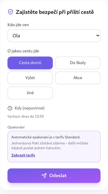 Panel rodiče: formulář s výběrem dítěte a druhu cesty