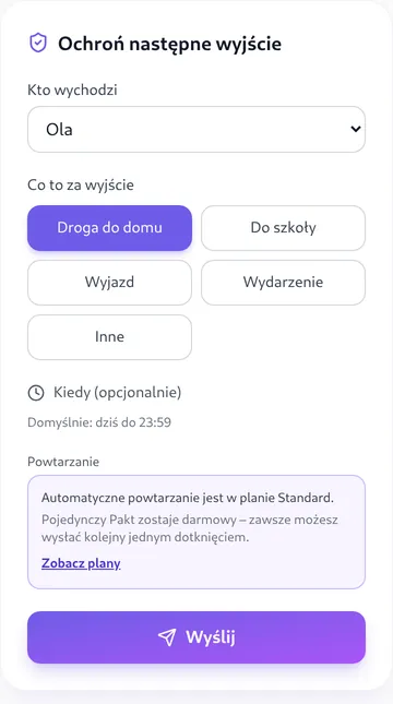 Panel rodzica: formularz „Ochroń następne wyjście” z wyborem dziecka i rodzaju wyjścia